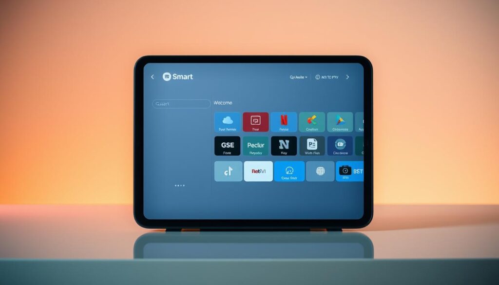 A digital device displaying the GSE Smart IPTV interface, set against a modern, minimalist backdrop. The screen shows a clean, intuitive layout with various app icons and menu options, bathed in a soft, warm lighting that creates a welcoming atmosphere. The device is placed on a sleek, glossy surface, capturing a sense of simplicity and elegance. The overall composition emphasizes the ease of use and accessibility of the GSE Smart IPTV platform, inviting the viewer to engage with the technology.