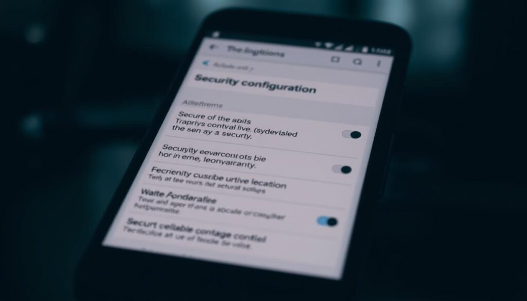 A dimly lit Android smartphone screen displaying the security configuration menu, with various options and settings clearly visible. The screen is set against a blurred background, emphasizing the focus on the device's security controls. The overall tone is serious and informative, reflecting the importance of the topic. The image should convey a sense of authority and professionalism, guiding the viewer through the crucial steps of securing their Android device.