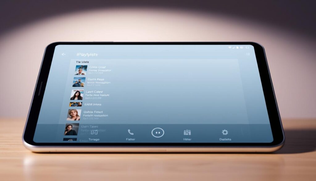 A sleek, modern user interface displaying a well-organized playlist manager for an IPTV service. The foreground shows a tablet or smartphone screen with a clean, minimalist design. Various playlists are displayed, each with a distinct thumbnail, title, and metadata. The middle ground features intuitive controls for sorting, filtering, and managing the playlists. The background showcases a subtle, gradient-based color scheme that complements the overall aesthetic. Soft, indirect lighting creates a sense of depth and focus on the interactive elements. The image conveys a seamless, user-friendly experience for effortlessly navigating and customizing IPTV playlists.