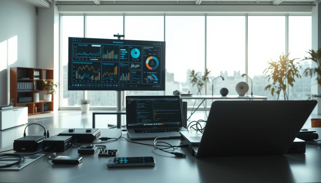 A spacious, well-lit technical workspace with a focus on problem-solving. In the foreground, a desk with a laptop, smartphone, and various electronic components, suggesting an active troubleshooting process. The middle ground features a large monitor displaying graphs, charts, and network diagrams, indicating data analysis and optimization. The background showcases a minimalist, modern interior with large windows, allowing natural light to fill the space and create a sense of openness and clarity. The overall atmosphere conveys a thoughtful, analytical approach to addressing technical challenges, with a subtle sense of determination and problem-solving.