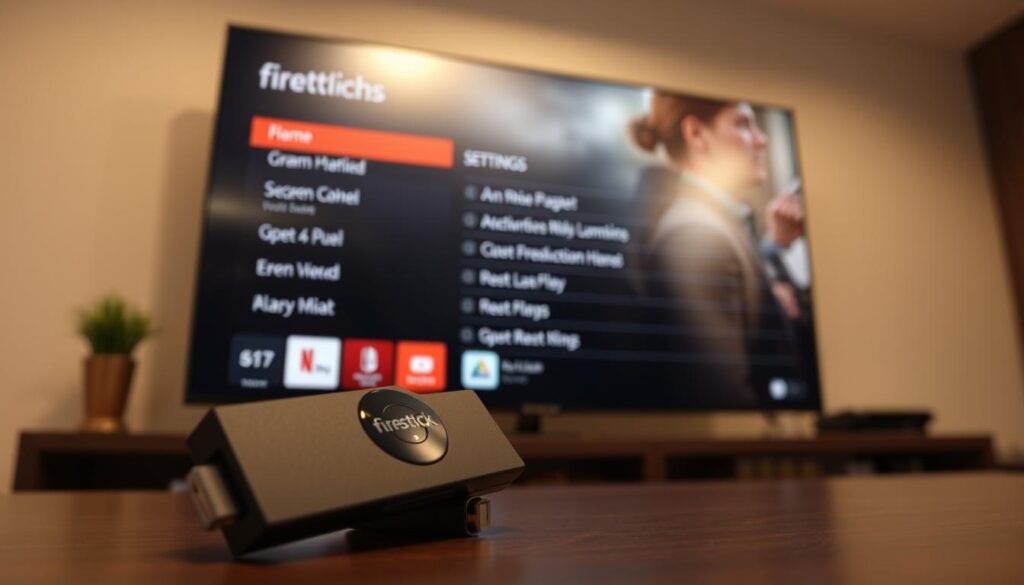 A well-lit, high-resolution image of a Firestick device in the foreground, displaying an on-screen menu with various application icons and settings options. The Firestick is positioned at a slight angle, showcasing its sleek, modern design. The background is blurred, creating a focus on the device and its configuration settings. The lighting is soft and evenly distributed, creating a warm and inviting atmosphere. The overall composition emphasizes the ease of navigating and customizing the Firestick for various applications.